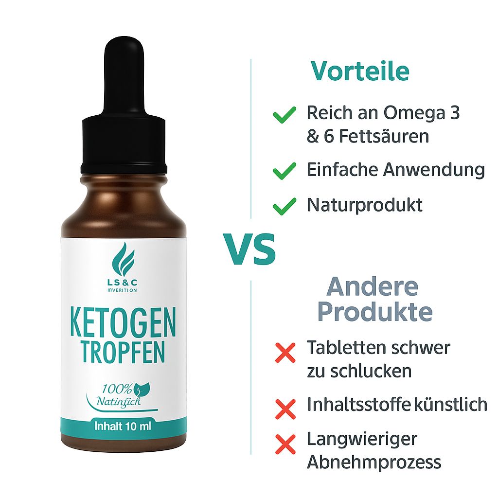 Braune Flasche mit Tropfer, Text: Vorteile und Andere Produkte. Etikett mit Logo und Produktname.