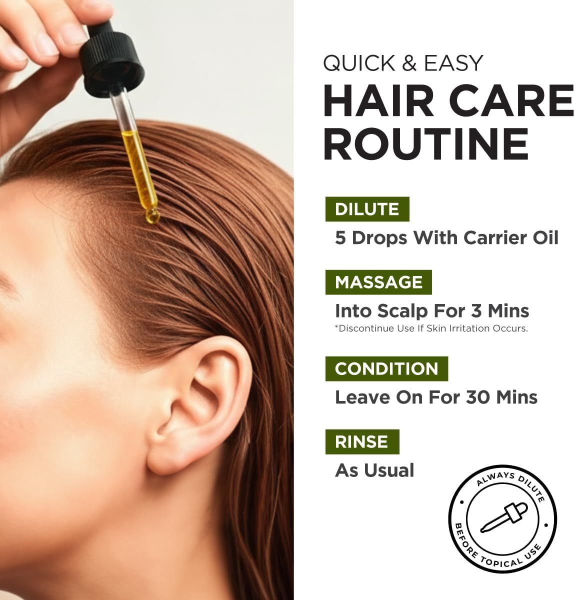 Frau mit Öl auf der Kopfhaut. Text: Schnelle und einfache Haarpflegeroutine. Anweisungen: Verdünnen, einmassieren, einwirken lassen, ausspülen.
