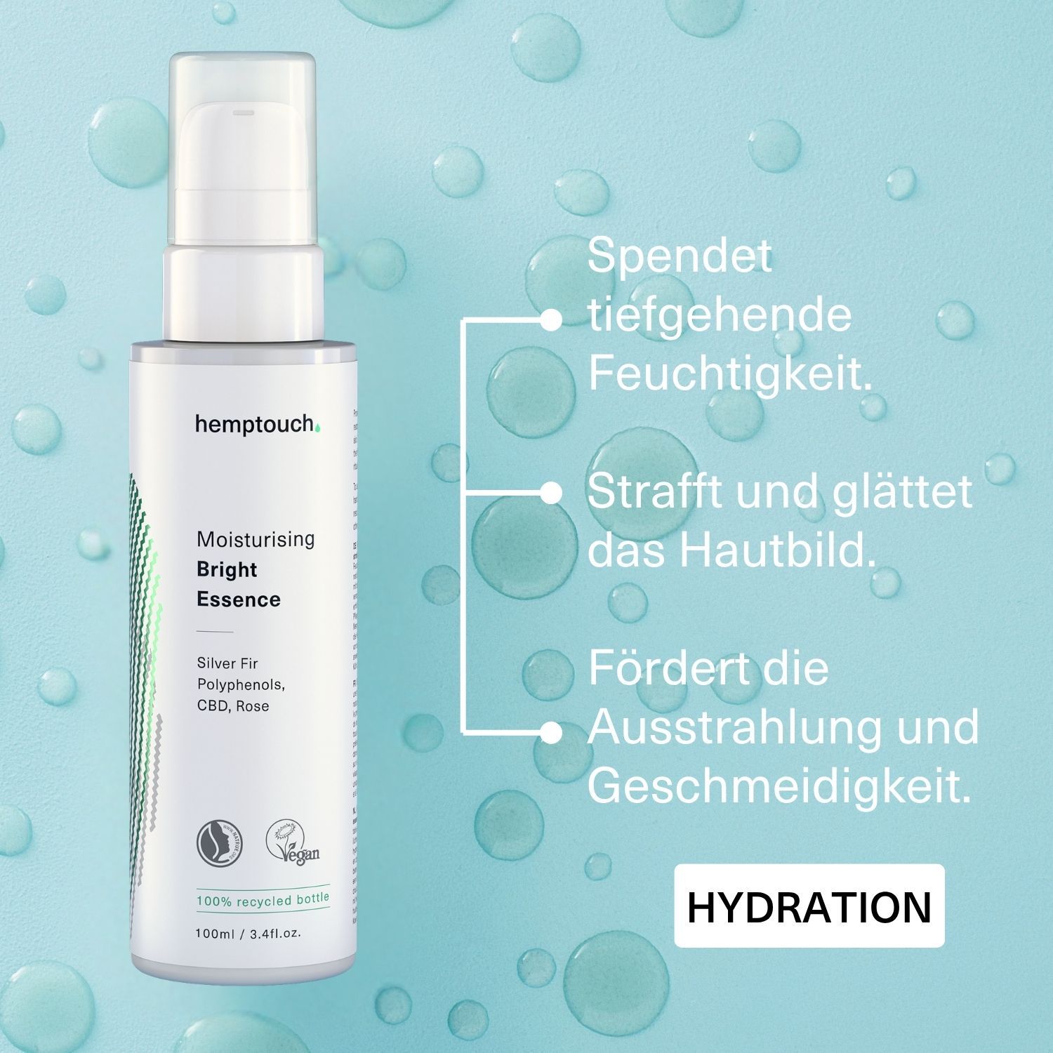 Produktflasche mit Text und Infografik. Text: Spendet Feuchtigkeit, strafft, fördert Ausstrahlung. Hintergrund: Wasserblasen.