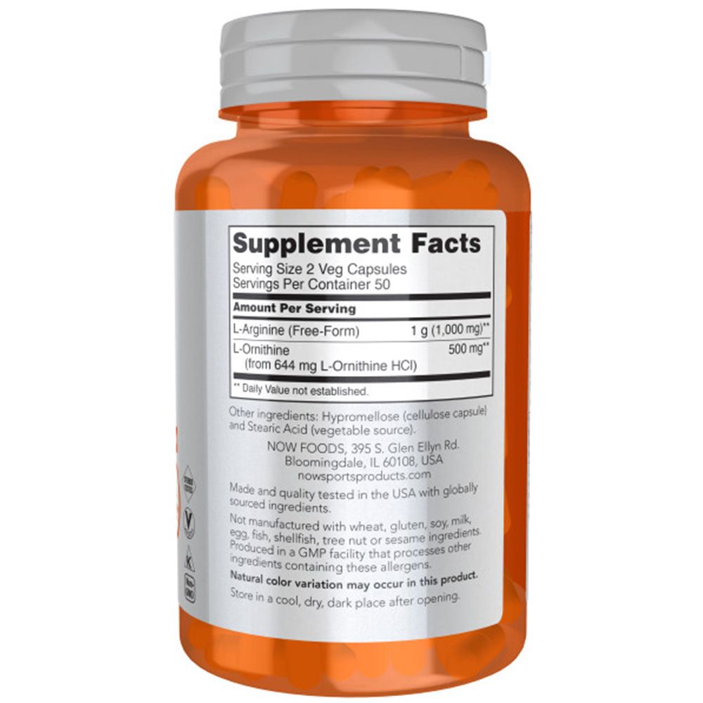 Rückseite der Flasche. Aufschrift: Supplement Facts, L-Arginin, L-Ornithin, Inhaltsstoffe, hergestellt in den USA. NOW FOODS.