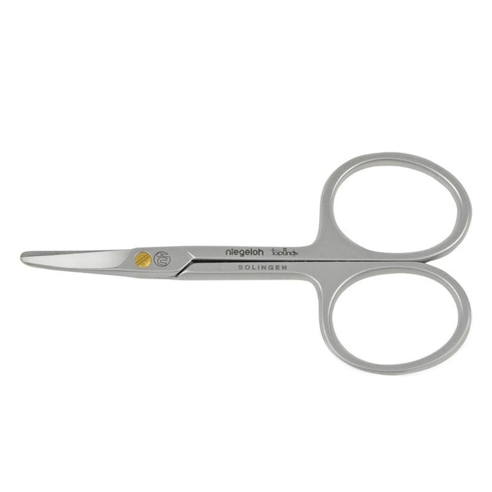 Kleine, silberfarbene Babyschere. Mit abgerundeten Spitzen und zwei Griffringen. Marke Niegeloh Solingen.