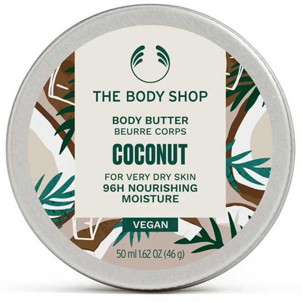 Runde Dose Body Butter von The Body Shop. Aufschrift: Kokosnuss, für sehr trockene Haut, 96h Feuchtigkeit. Vegan. 50 ml.