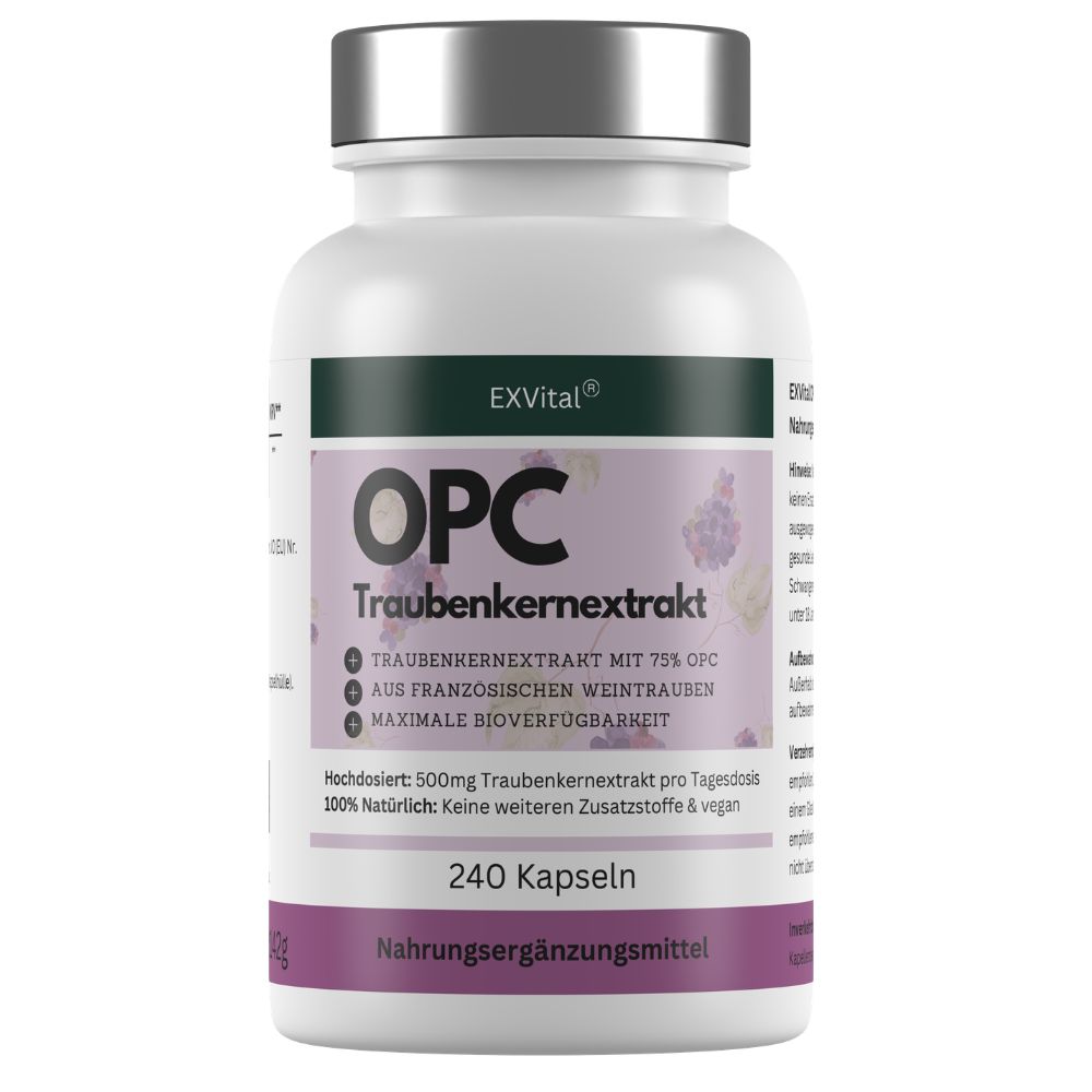 Flasche mit EXVital OPC Traubenkernextrakt Kapseln, 240 Stück.
