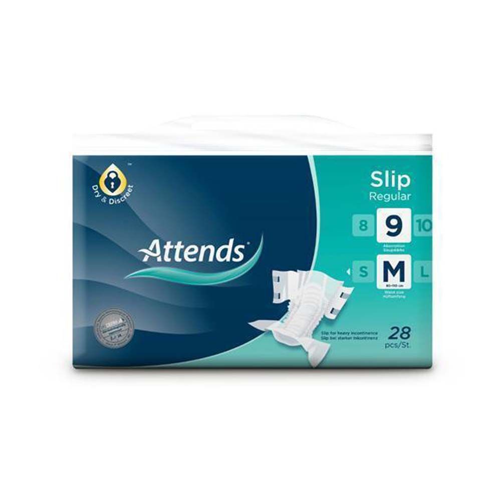 Attends Slip Regular 9 M-Packung. Blaue und weiße Verpackung mit Produktabbildung. Größe M, 28 Stück.
