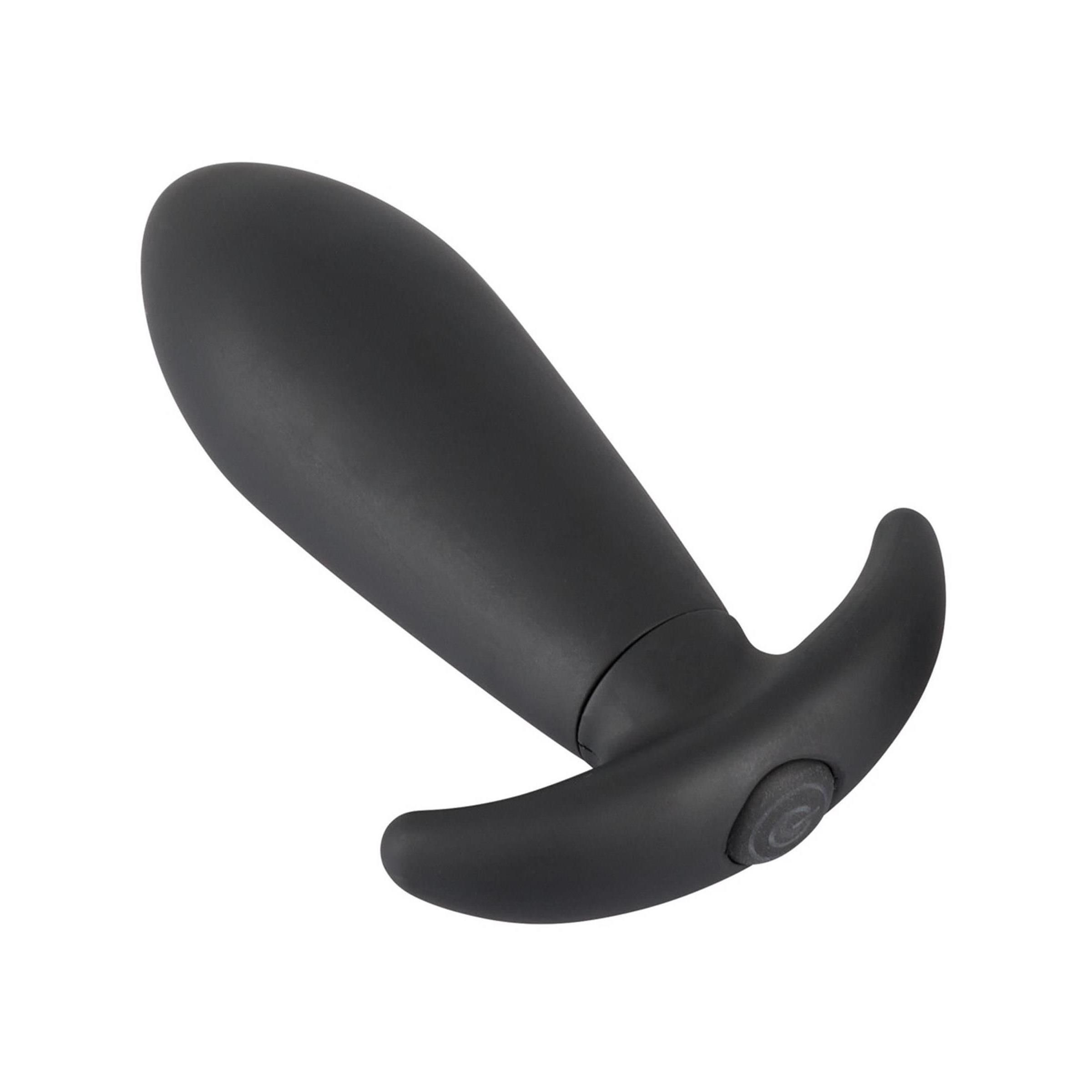 Schwarzer Anus-Plug. Das Produkt hat eine gebogene Form mit einem Griff. Es ist schwarz und liegt auf weißem Hintergrund.