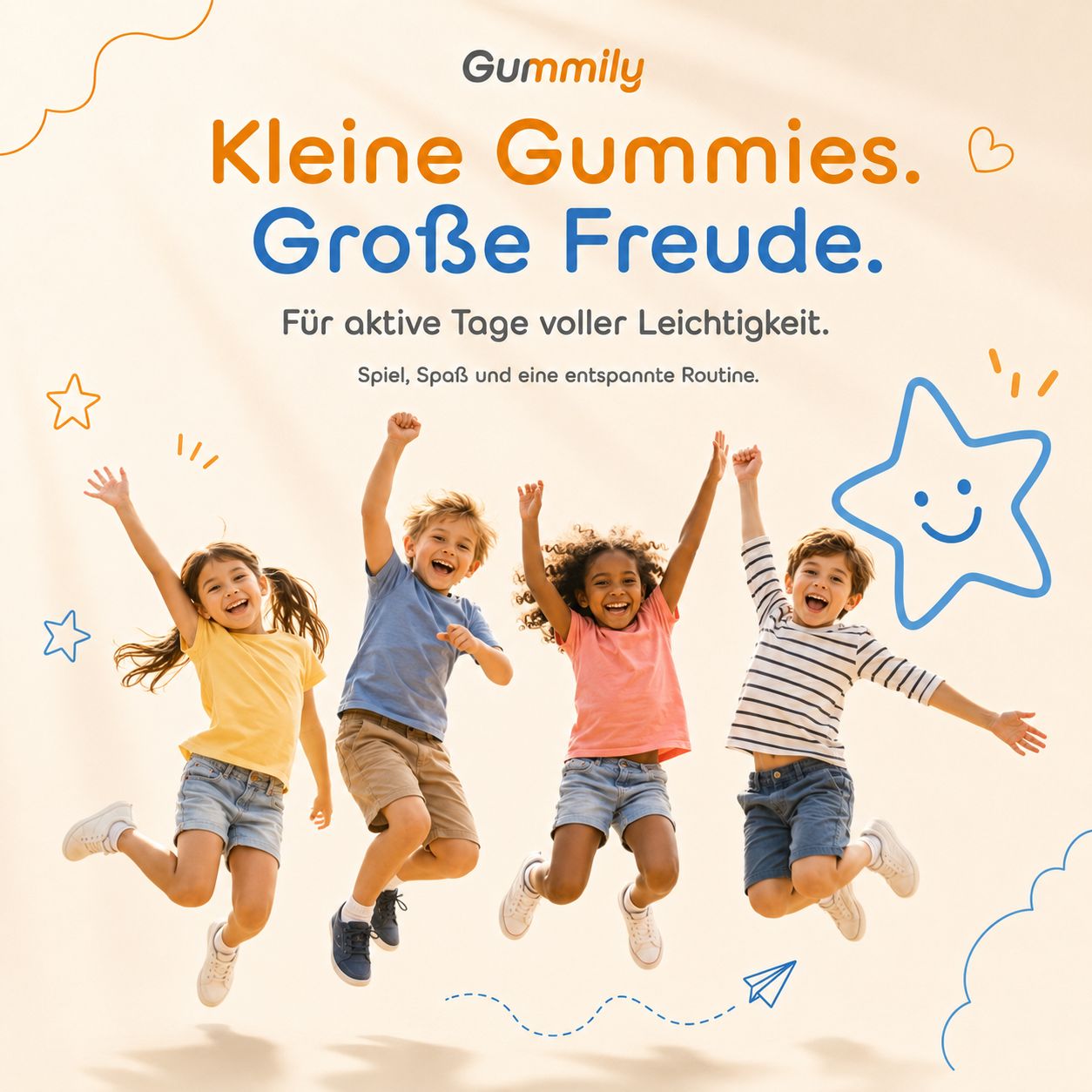 Vier fröhliche Kinder springen in der Luft, Gummily-Logo oben.