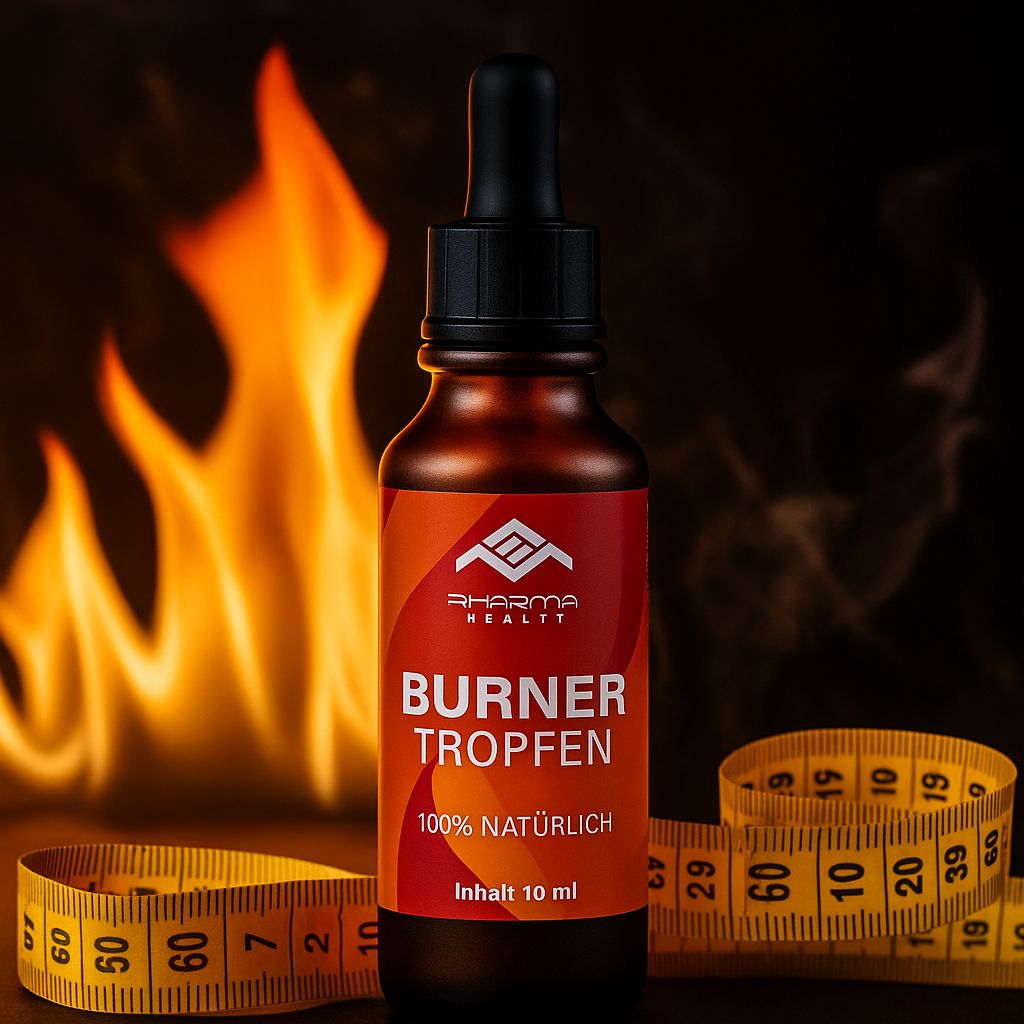 Braune Glasflasche mit schwarzem Verschluss und Pipette. Rotes Etikett mit weißer Schrift. Gelbes Maßband. Flammen im Hintergrund.