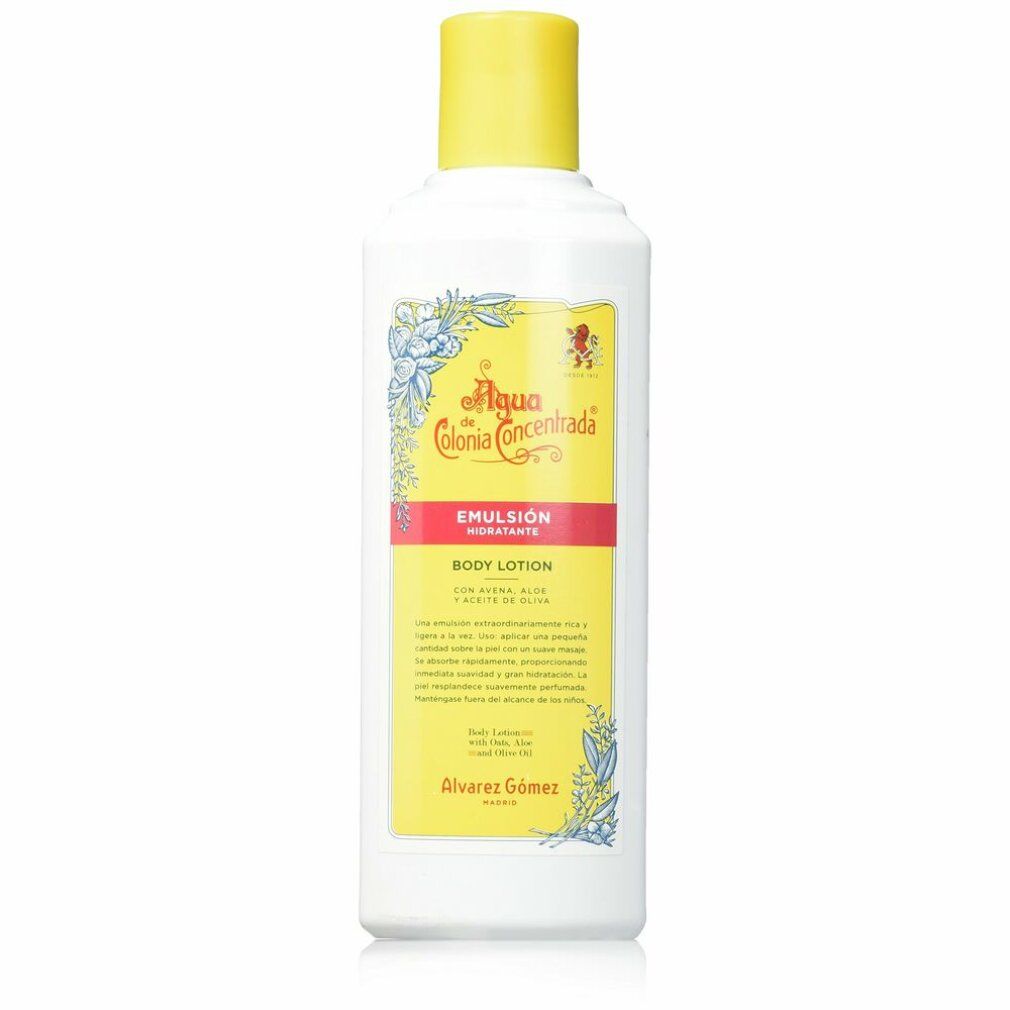 Weiße Flasche mit gelbem Deckel. Gelbes Etikett mit rotem Streifen und Text. Aufschrift: Agua Colonia Concentrada, Emulsión Hidratante, Body Lotion.