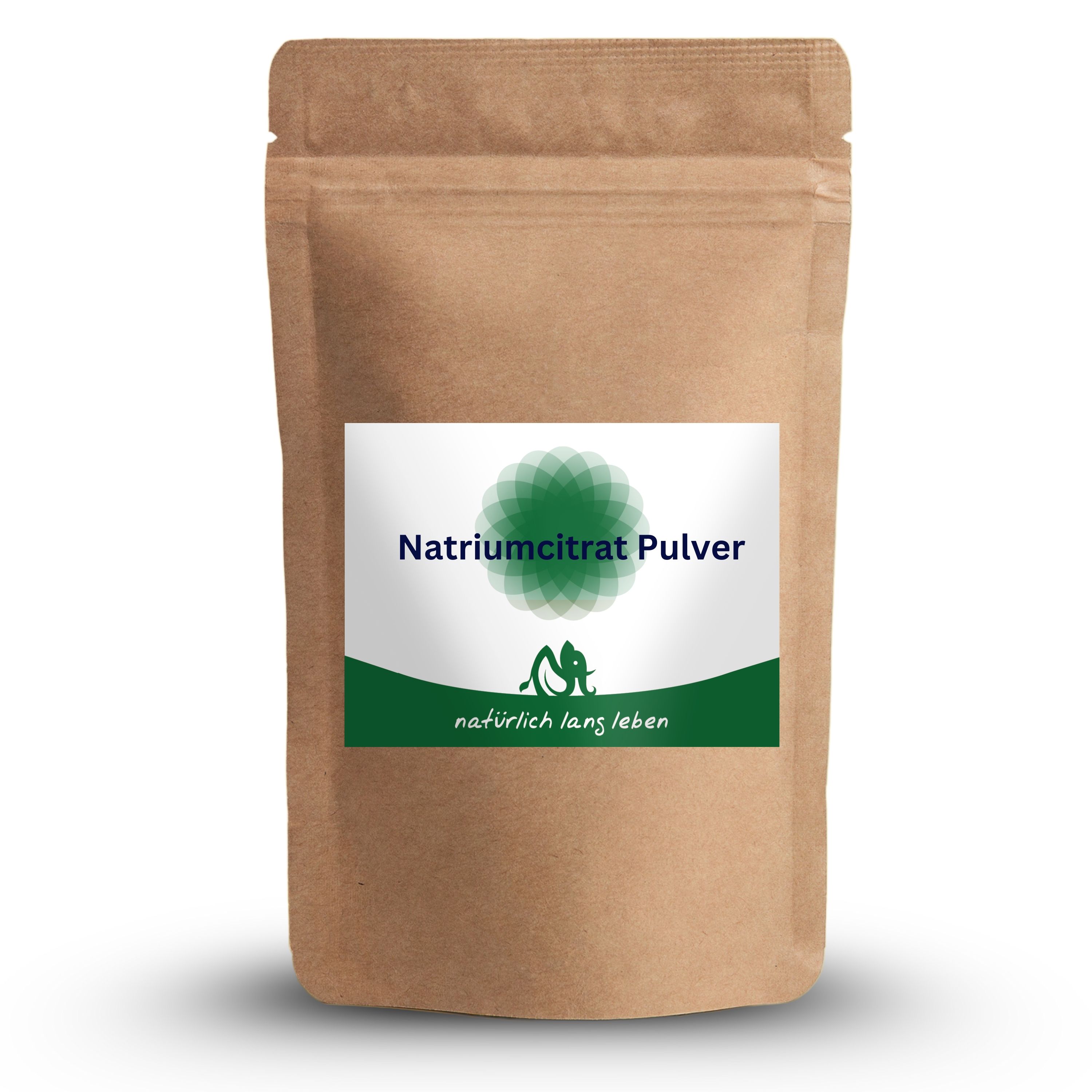 Braune Pulverpackung mit Etikett. Aufschrift: Natriumcitrat Pulver. Logo: grünes Blattmuster und Schriftzug.