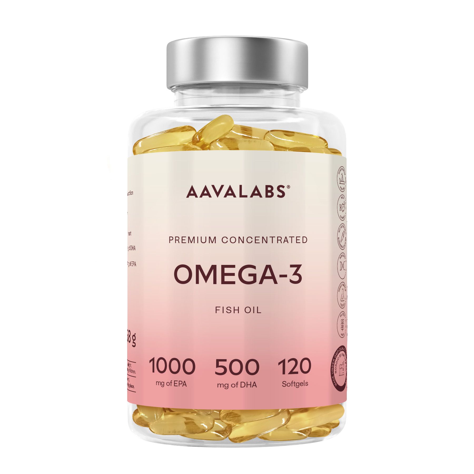 Klarflasche mit Omega-3-Kapseln. AAVALABS-Etikett mit EPA, DHA-Werten. Deckel aus Metall.