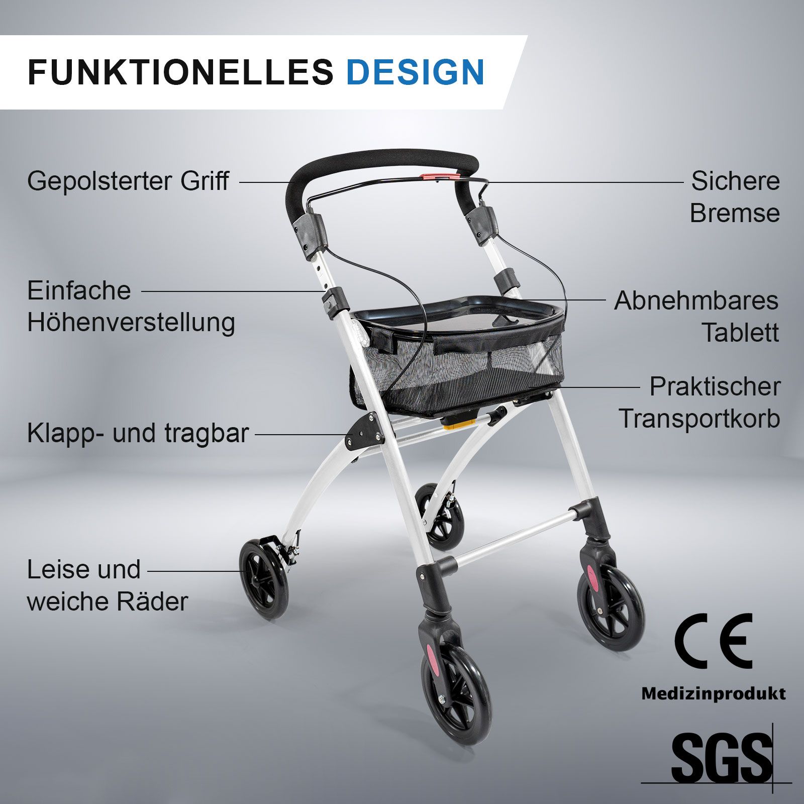 Rollator mit gepolstertem Griff, Korb, Tablett, Bremse, klappbar. CE-Kennzeichnung und SGS-Siegel.