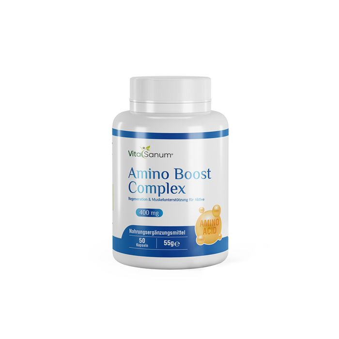 Weiße Flasche mit blauem Streifen. Aufschrift: VitaSanum Amino Boost Complex, 400 mg, 50 Kapseln, 55g. Gelbes Amino Acid Logo.