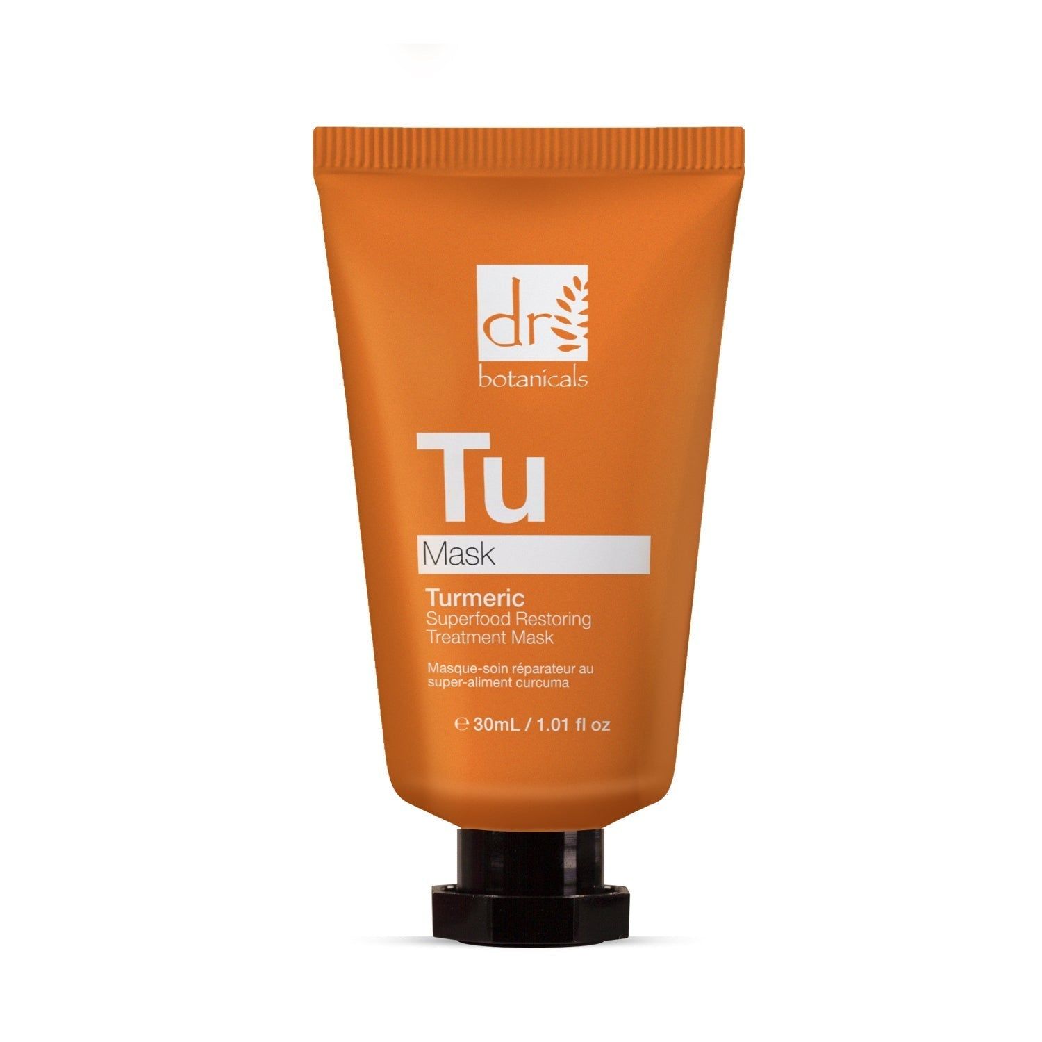 Orange Tube mit schwarzem Verschluss. Aufschrift: Tu Mask, Turmeric Superfood Restoring Treatment Mask. Marke: Dr Botanicals.