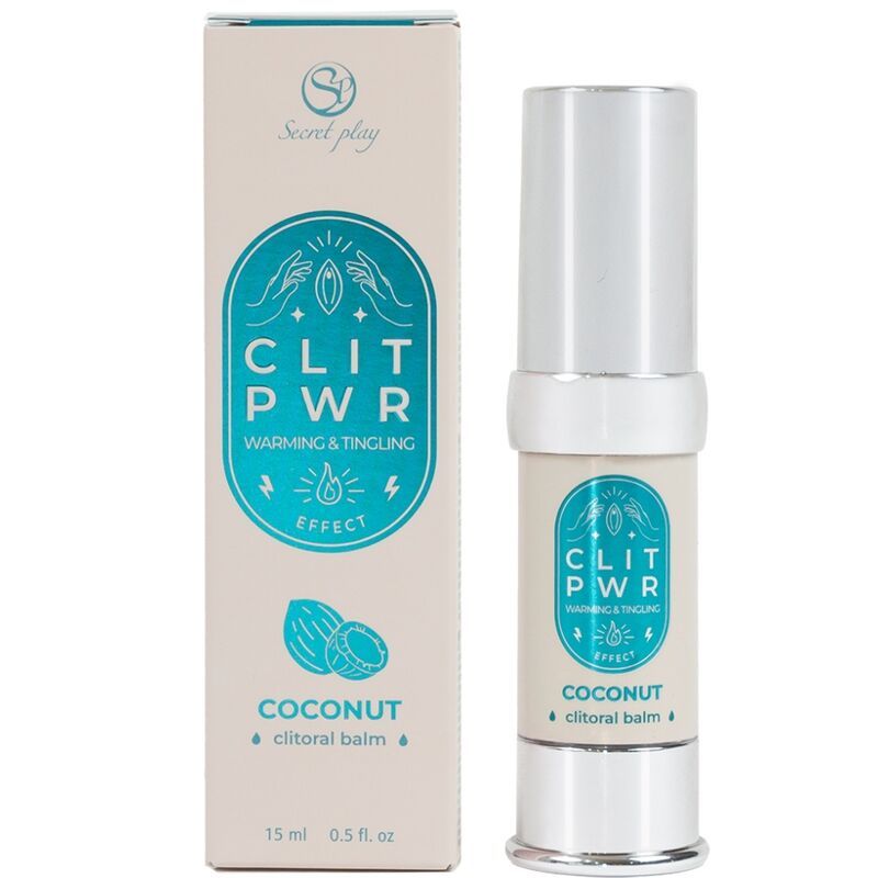 Produkt und Verpackung. Zylinderförmige Flasche und Karton mit Aufschrift CLIT PWR Coconut. 15 ml / 0,5 fl oz.