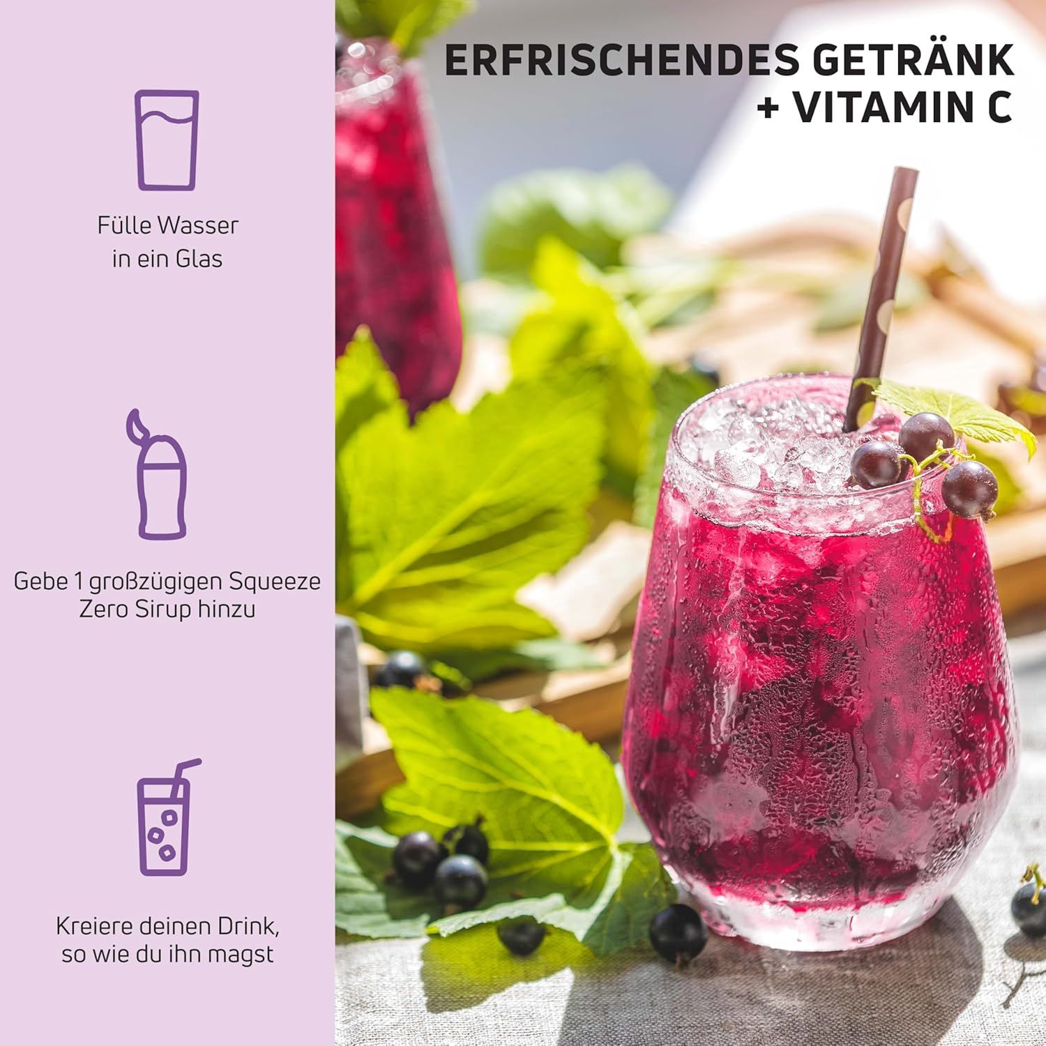 Glas mit Getränk, Eiswürfeln und Strohhalm. Aufschrift: Erfrischendes Getränk + Vitamin C. Anweisungen zur Zubereitung.