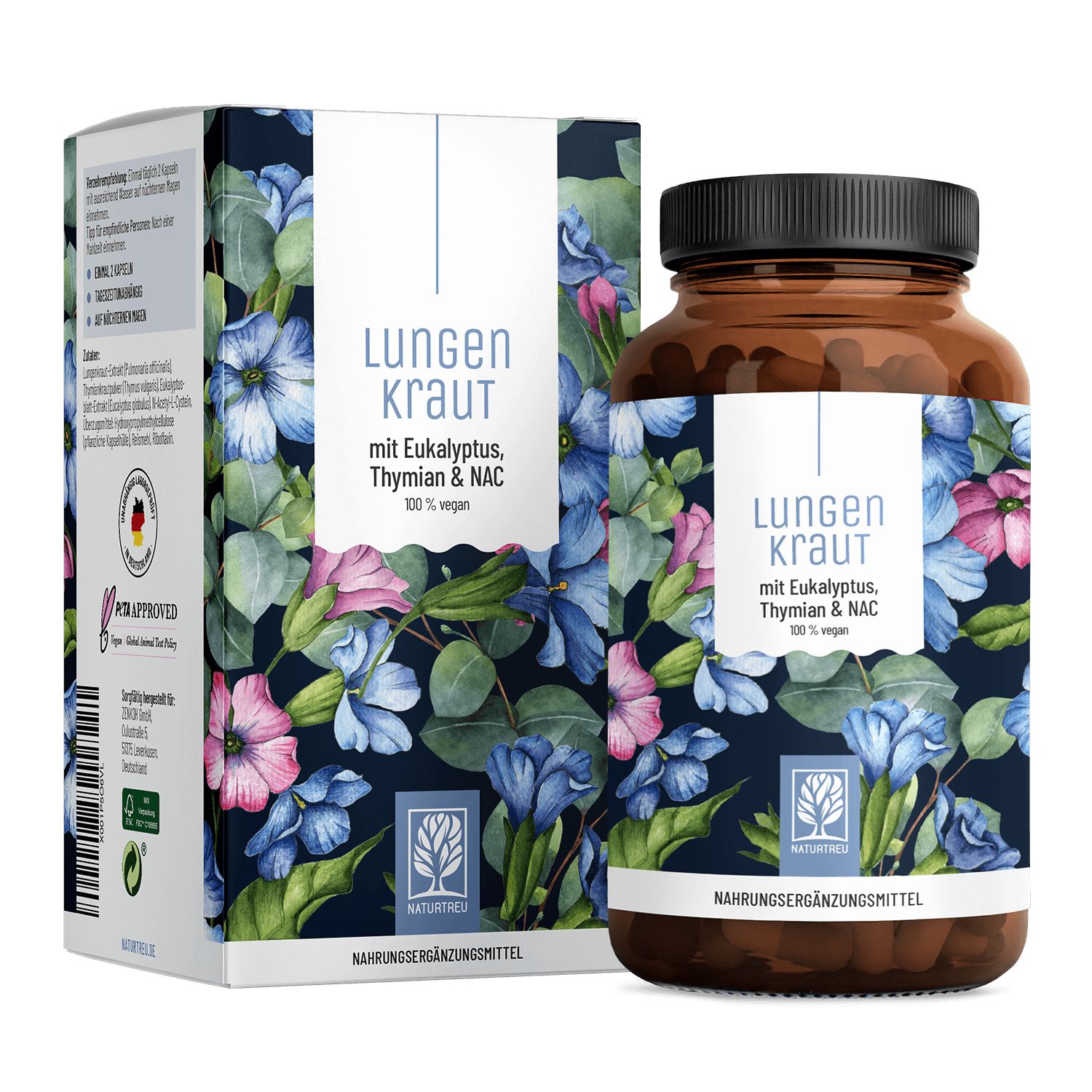 Braune Flasche und Schachtel mit Produktaufdruck. Aufschrift: Lungenkraut mit Eukalyptus, Thymian & NAC. Vegan.