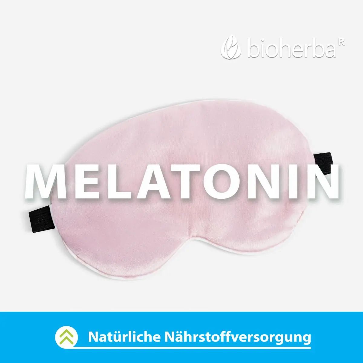Rosa Schlafmaske mit schwarzem Gummiband. Text: "MELATONIN". Natürliche Nährstoffversorgung.