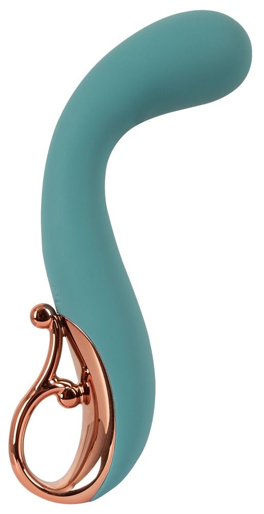 Türkisfarbener Vibrator mit goldfarbenem Ring. Gebogene Form.
