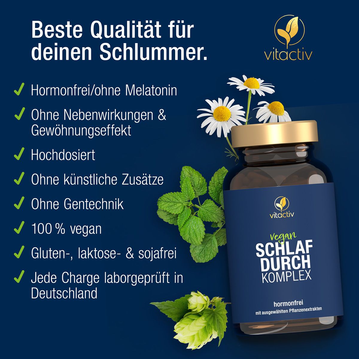 Vitactiv SchlafDURCH Komplex Flasche mit Kamillenblüten und Minze.