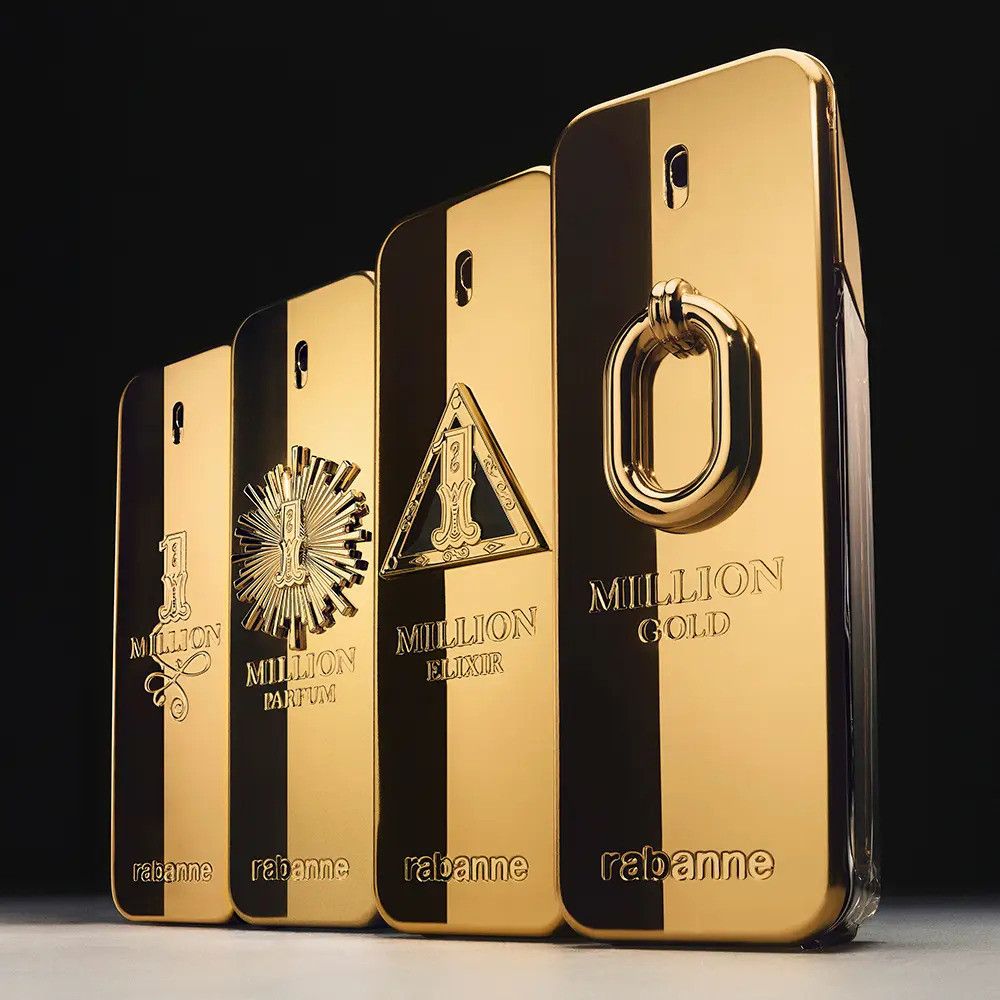 Vier goldfarbene Flakons, unterschiedliche Designs. Aufschrift "Million" und "rabanne".