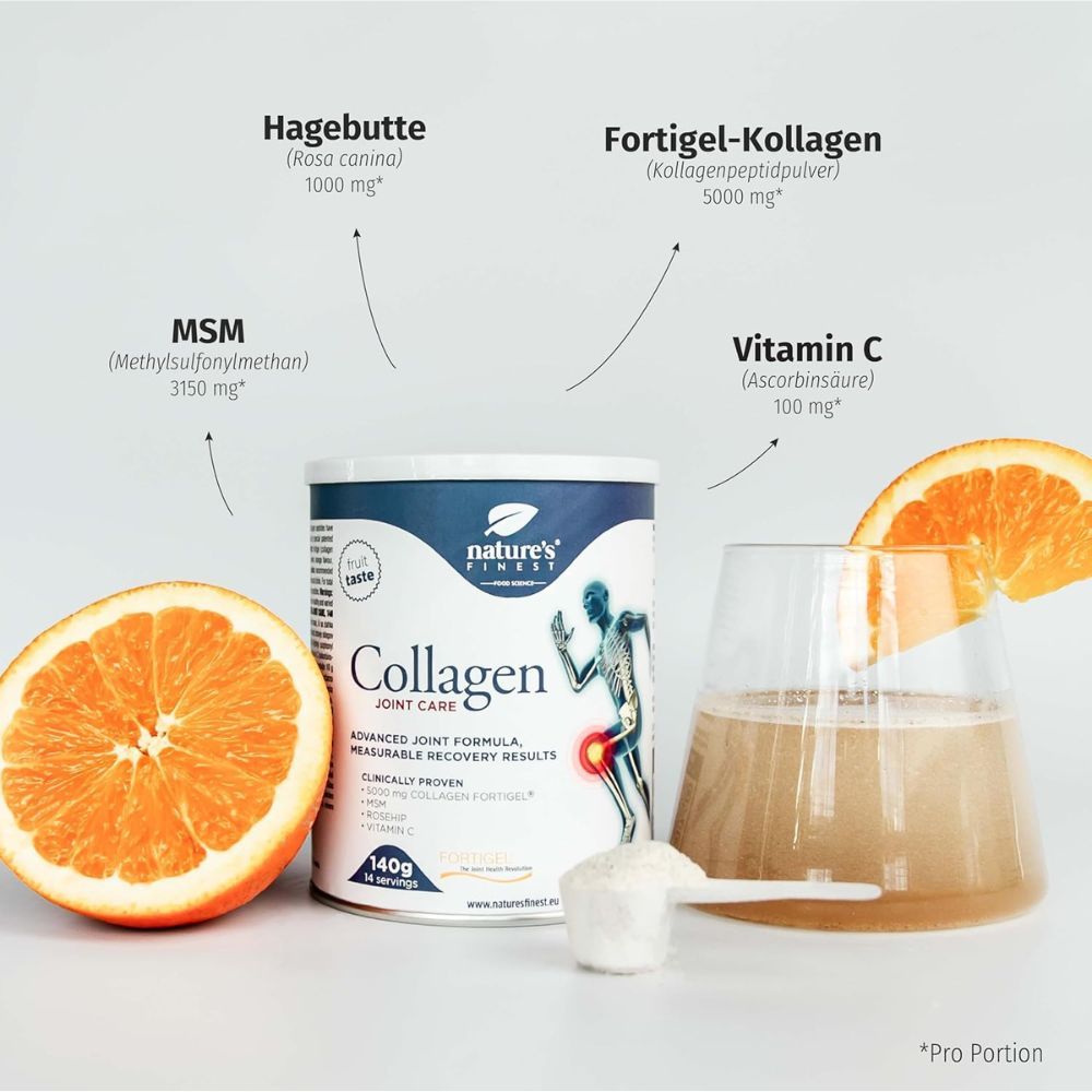 Nature's Finest Collagen JointCare Dose, Glas mit Getränk, Löffel, Orange. Text: Hagebutte, Fortigel, MSM, Vitamin C.
