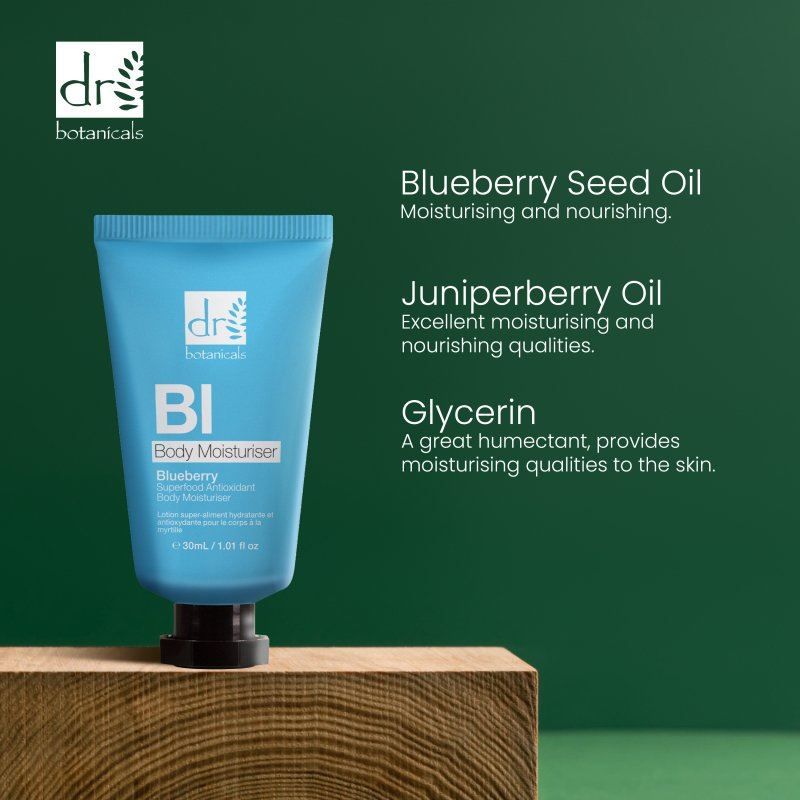 Dr. Botanicals Blaubeer-Körperlotion mit Hinweisen zu Blaubeersamenöl, Wacholderbeerenöl und Glycerin.