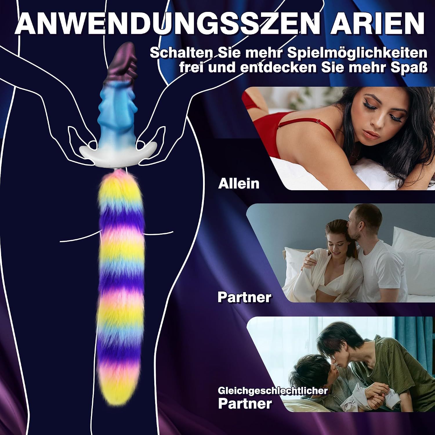 Blauer und violetter Analplug mit buntem Fellschwanz. Texturierte Oberfläche.