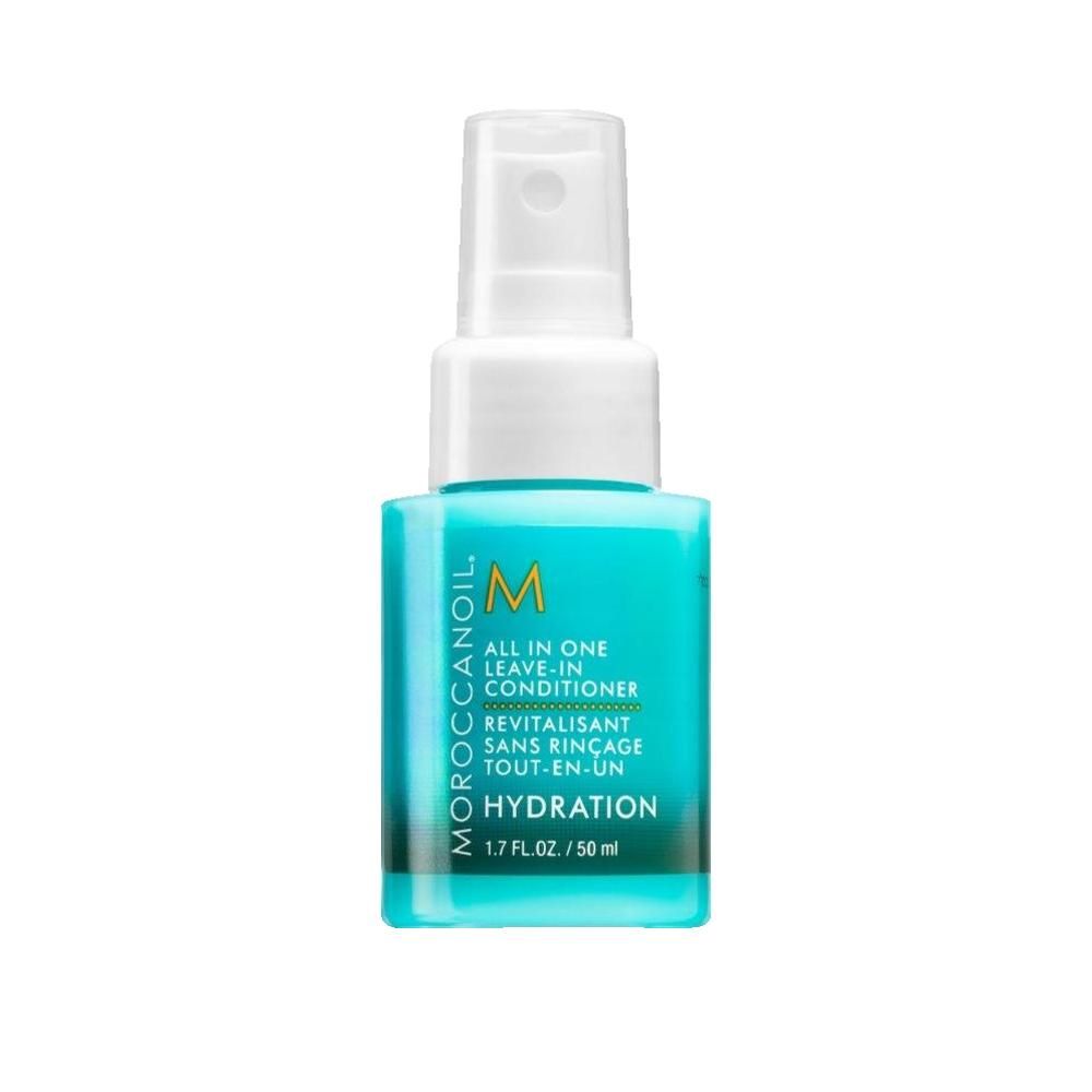 Türkisgrüne Sprühflasche mit weißem Sprühkopf. Beschriftung: Moroccanoil, All in One Leave-in Conditioner, Hydration. 1.7 fl.oz / 50 ml.
