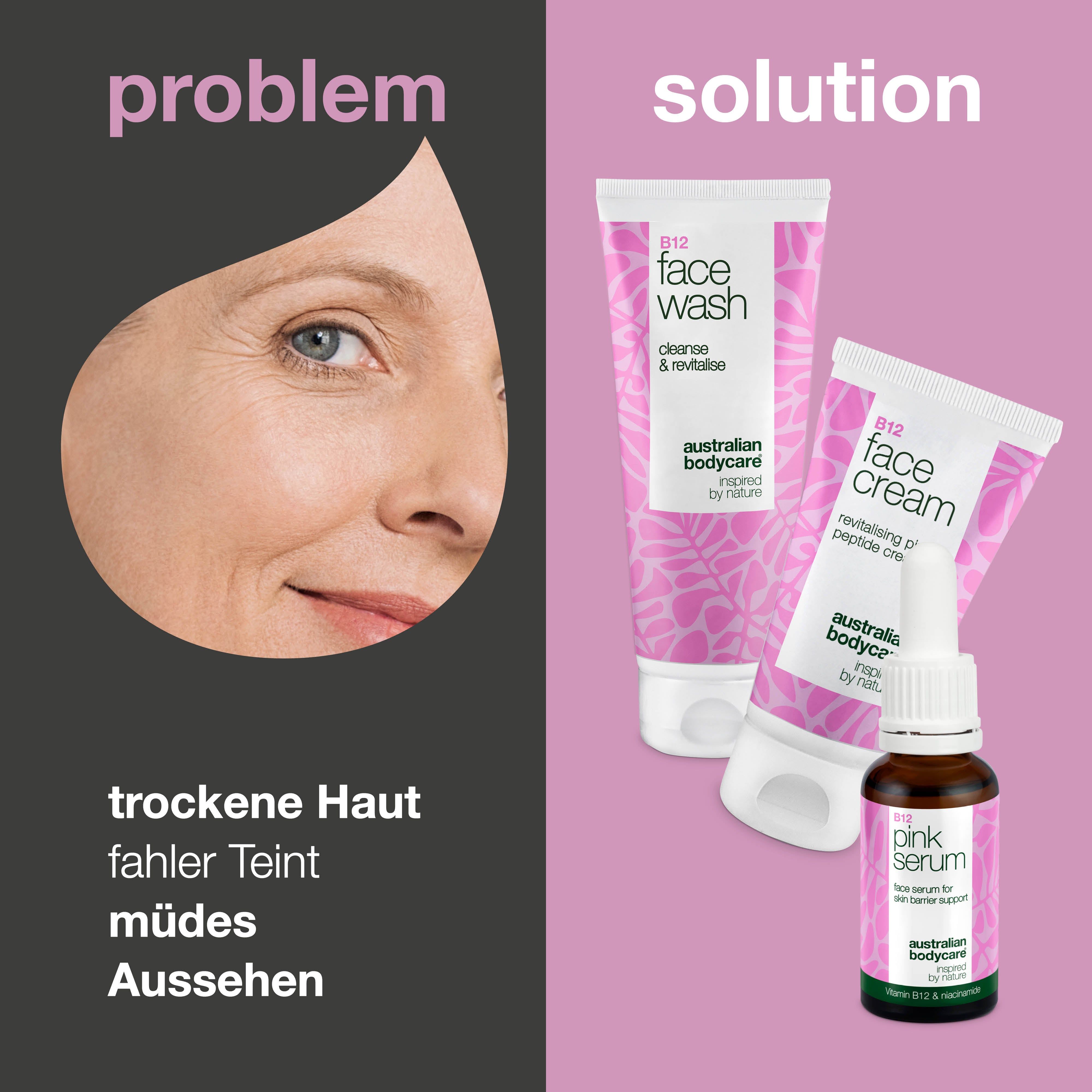 Drei Produkte: Face Wash, Face Cream, Pink Serum. Alle in rosa Verpackung mit weißer Schrift. Marke: Australian Bodycare.