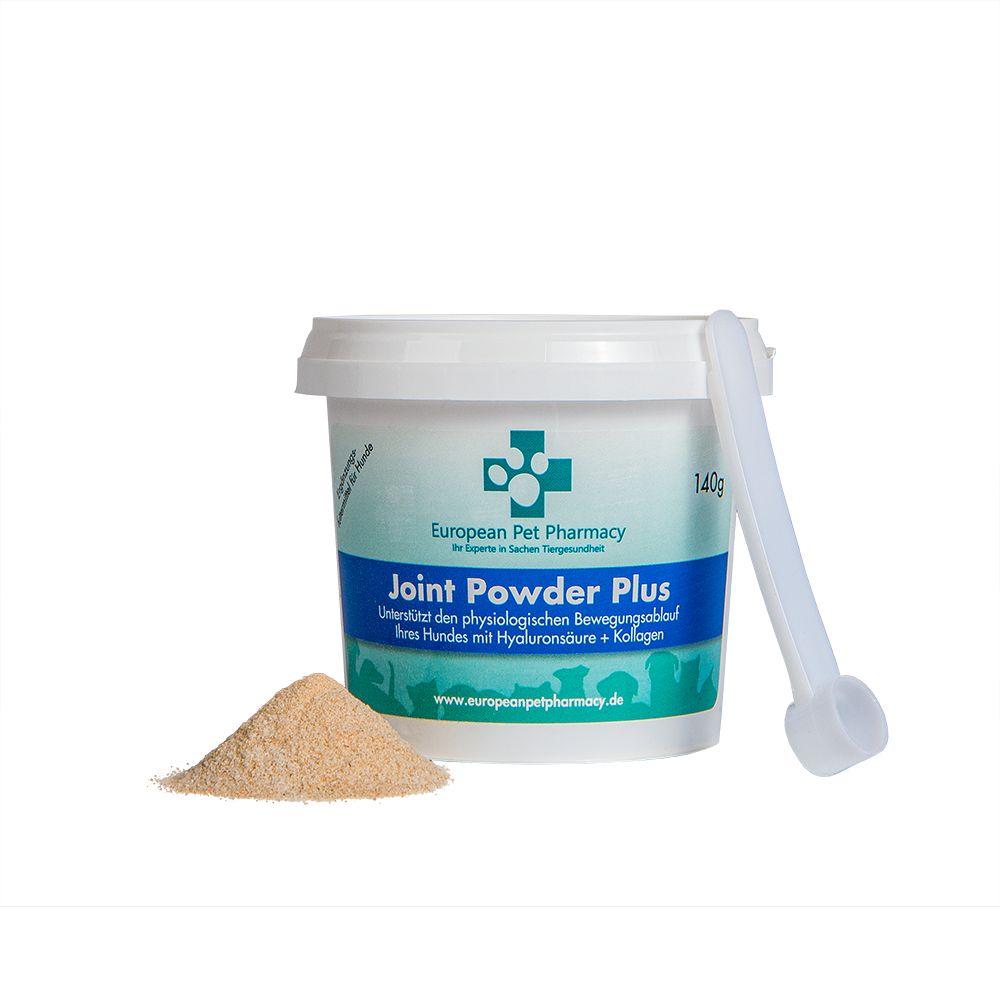 Behälter mit Pulver und Messlöffel. Aufschrift: Joint Powder Plus. Logo: Europäische Tierapotheke.