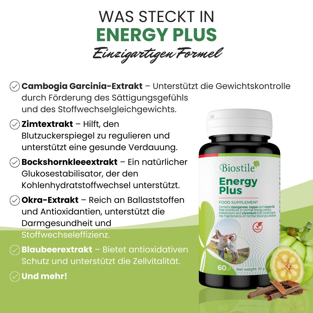 Inhaltsstoffe von Biostile Energie Plus: Garcinia Cambogia, Zimt, Bockshornklee, Okra, Blaubeere.