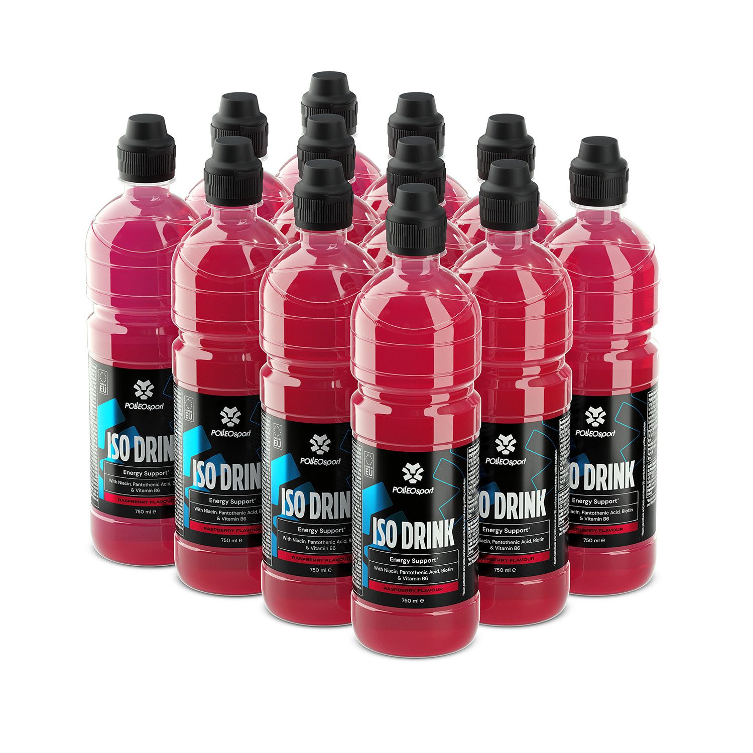 Mehrere rote Flaschen mit schwarzem Deckel. Etikett mit "ISO DRINK" und Logo.