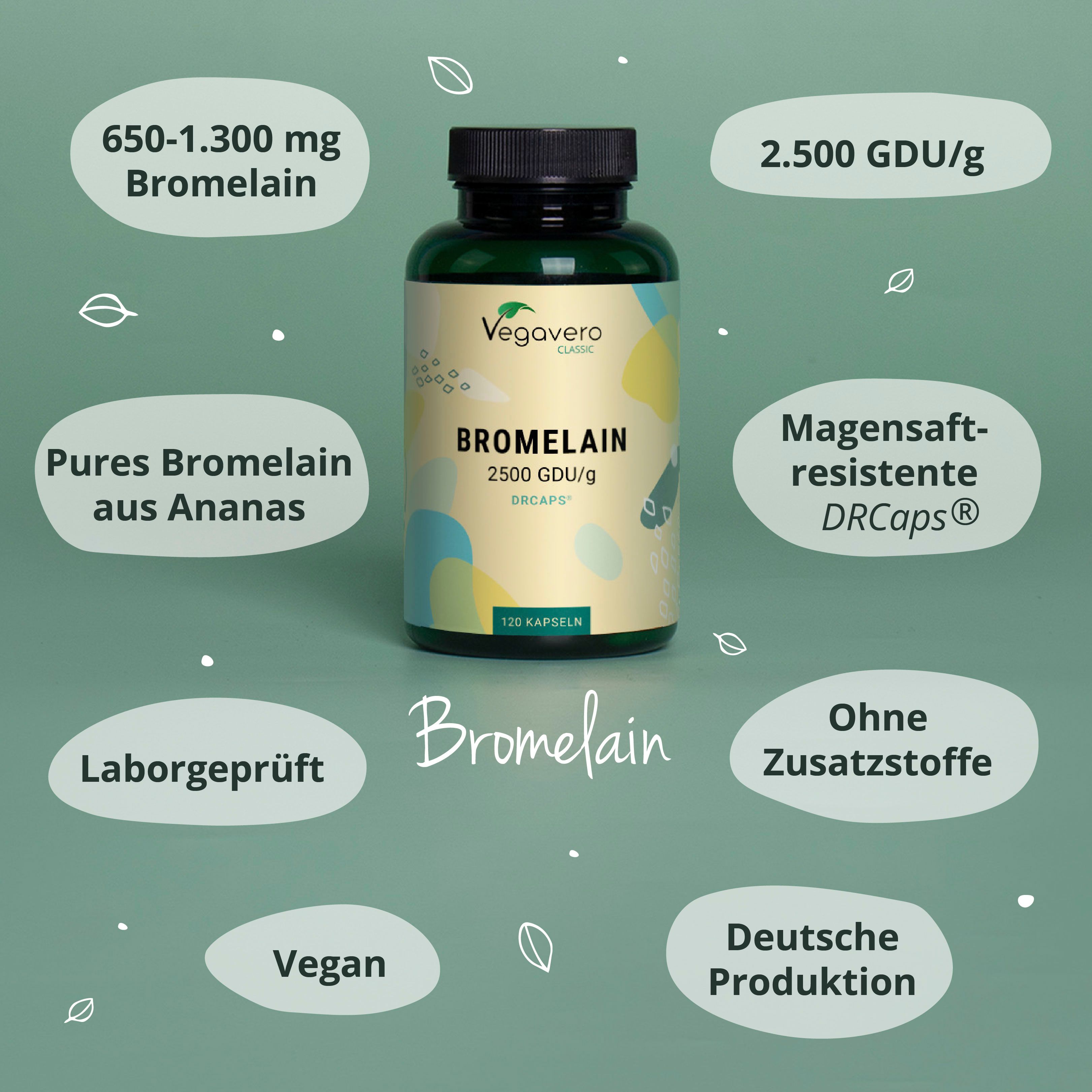 Grüne Flasche mit Bromelain 2500 GDU/g, 120 Kapseln. Aufschrift: Laborgeprüft, Vegan, Deutsche Produktion. Marke: Vegavaro.