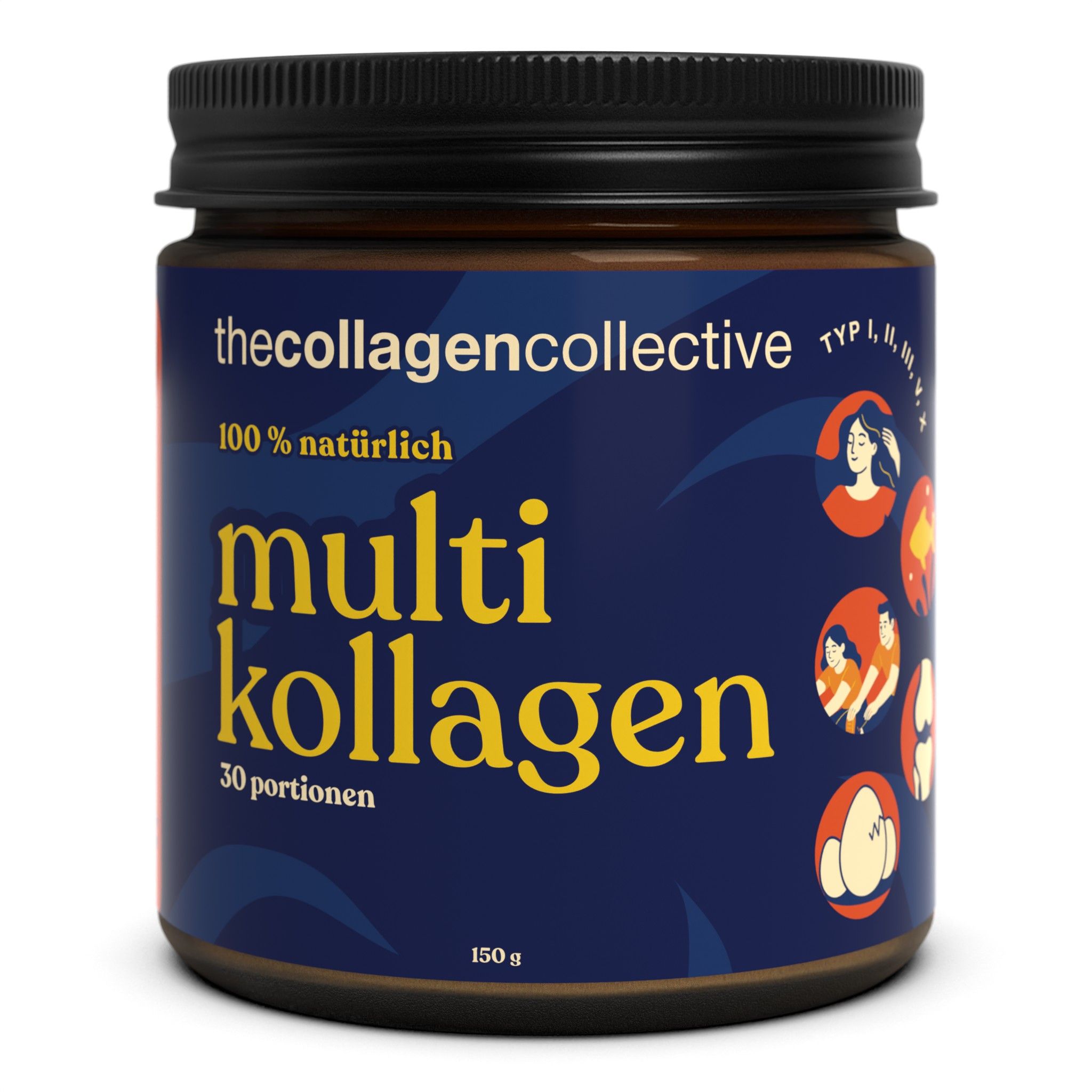Dunkelblaue Dose mit schwarzem Deckel. Aufschrift: thecollagencollective, Multi Kollagen, 30 Portionen, 150 g. Illustrationen.