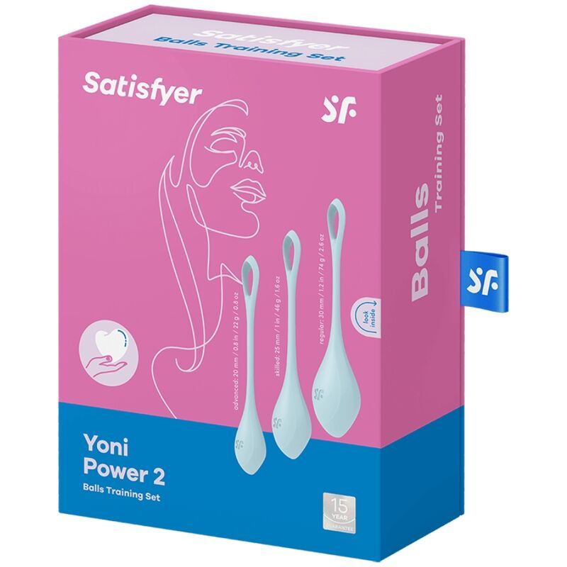 Rosa Verpackung mit Produktabbildung. Aufschrift: Satisfyer, Yoni Power 2, Balls Training Set. Logo und Produktinformationen.
