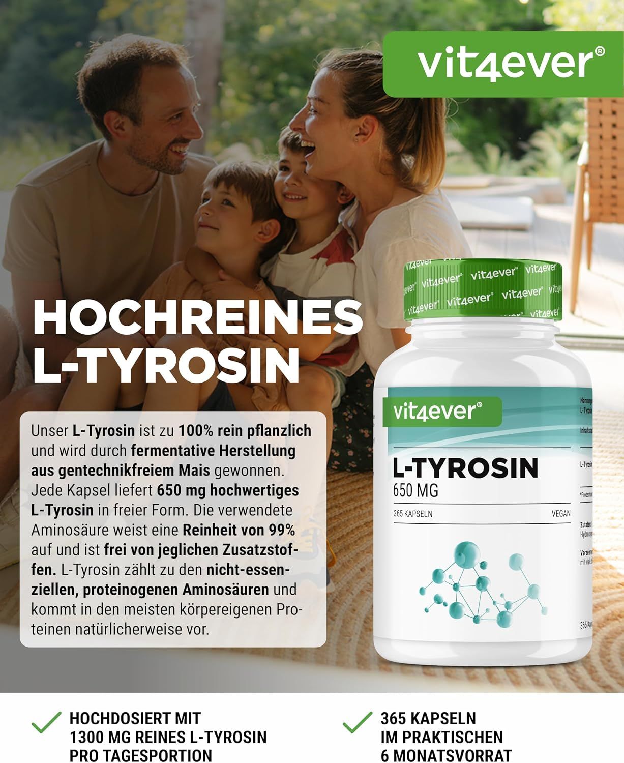 Vit4ever L-Tyrosin Dose neben einer lächelnden Familie, 650 mg, 365 Kapseln.