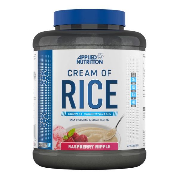 Dose Applied Nutrition Cream of Rice. Blaue Kappe, grauer Behälter. Aufschrift: Cream of Rice, Raspberry Ripple.