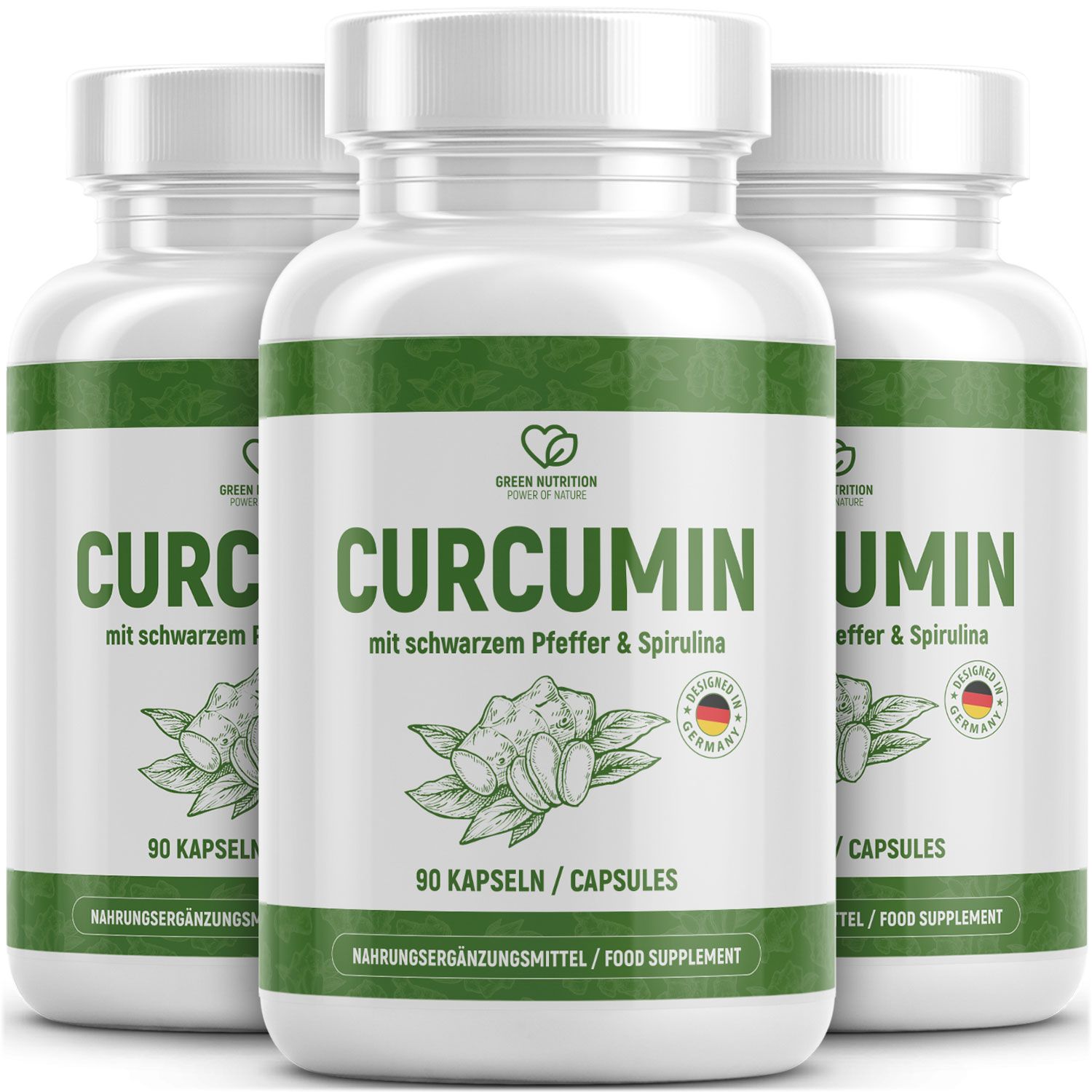 Drei weiße Flaschen mit grünen Etiketten. Aufschrift: CURCUMIN mit schwarzem Pfeffer & Spirulina. 90 Kapseln. Hergestellt in Deutschland.