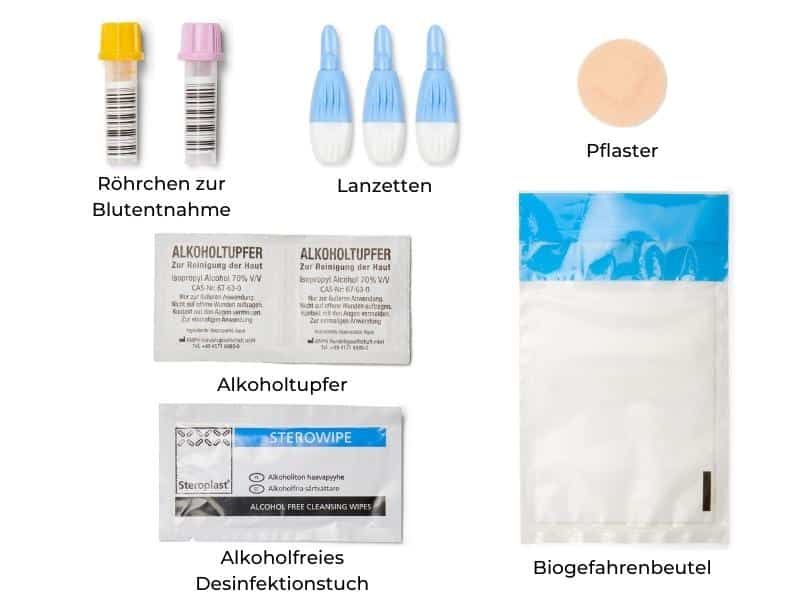 Verschiedene Testkomponenten: Röhrchen, Lanzetten, Alkoholtupfer, Pflaster und ein Beutel. Beschriftung: "Röhrchen zur Blutentnahme".