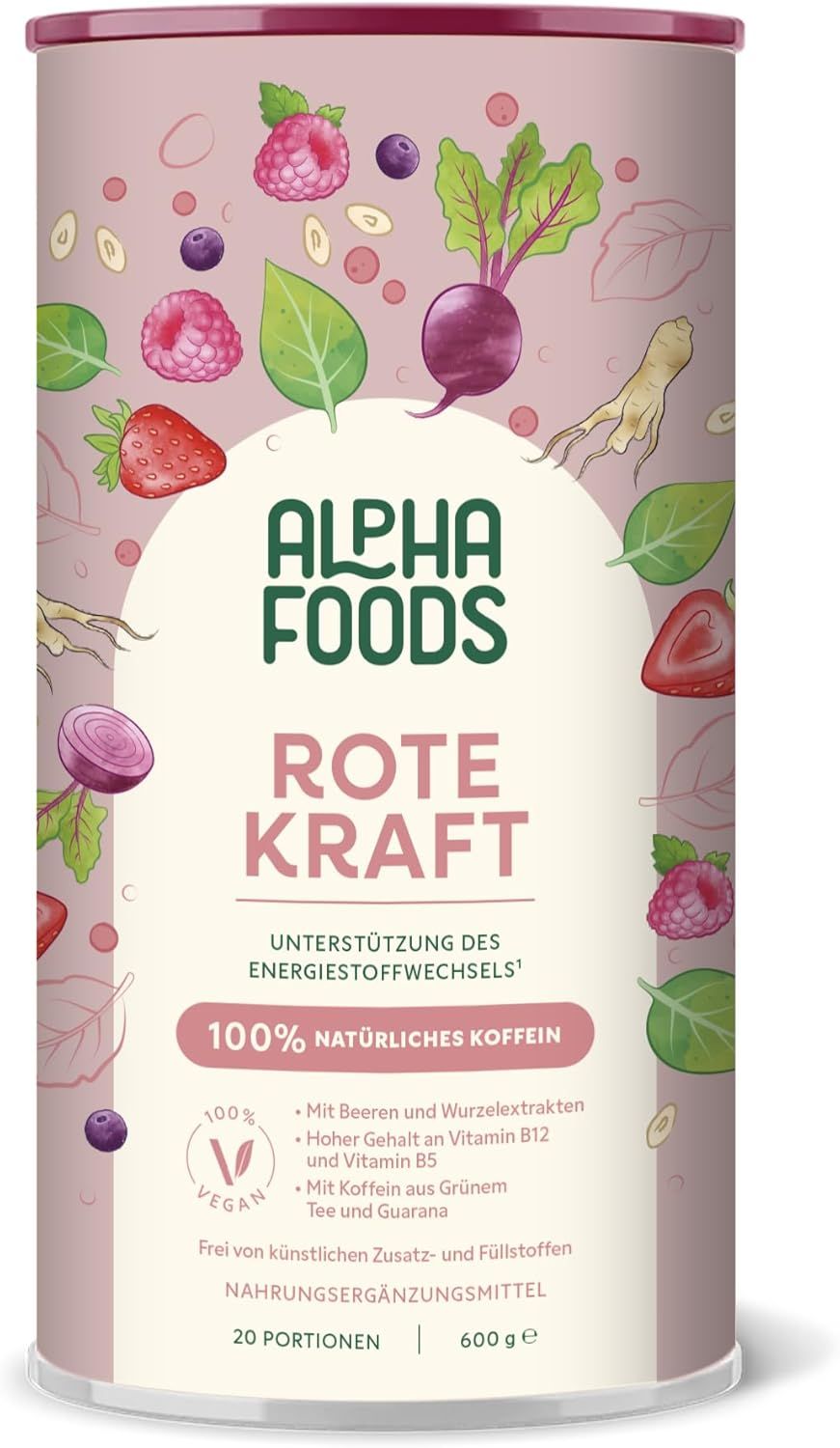 Dose Alpha Foods Rote Kraft. Text: Rote Kraft. 100% natürliches Koffein. 20 Portionen. Vegan. Mit Beeren und Wurzelextrakten.