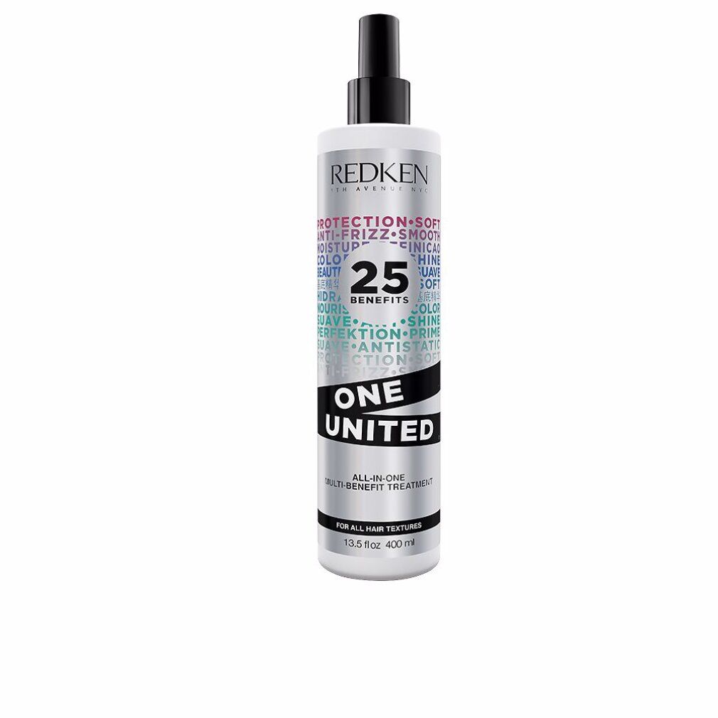 Zylindrische Flasche mit Sprühkopf. Aufschrift: Redken, One United, 25 Benefits. Silberne und schwarze Etiketten.