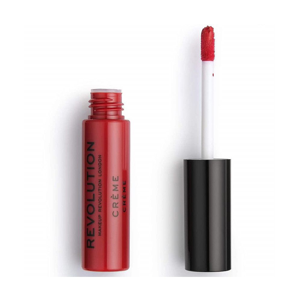 Roter Creme-Lippenstift in einer Flasche mit geöffnetem Applikator. Aufschrift: REVOLUTION, CRÈME.