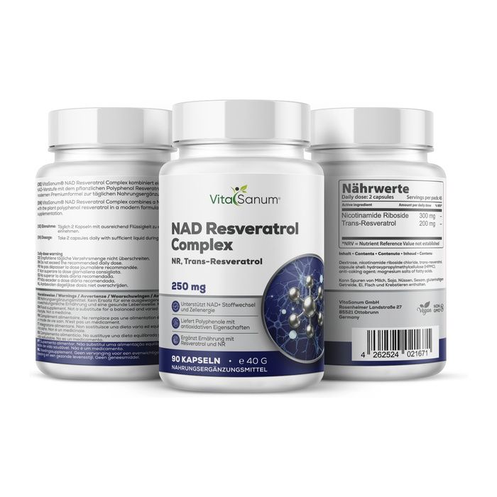 VitaSanum NAD Resveratrol Complex Kapseln, 90 Stück, mit Nährwertangaben.