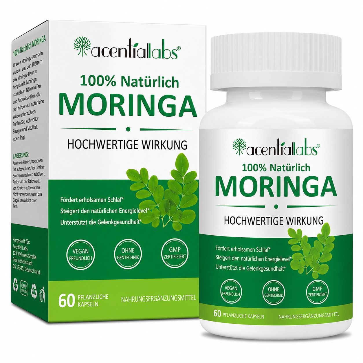 Zoxpm Moringa Kapseln: Flasche und Karton mit Moringa-Blatt-Symbolen und Gesundheitsvorteilen.