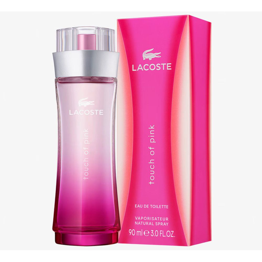 Rosa Flakon und Verpackung. Lacoste-Logo und Schriftzug "Touch of Pink". Eau de Toilette.