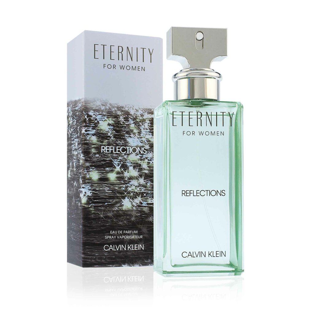 Grünes Parfümflakon mit silbernem Verschluss und Verpackung. Aufschrift: Eternity Reflections, Calvin Klein.