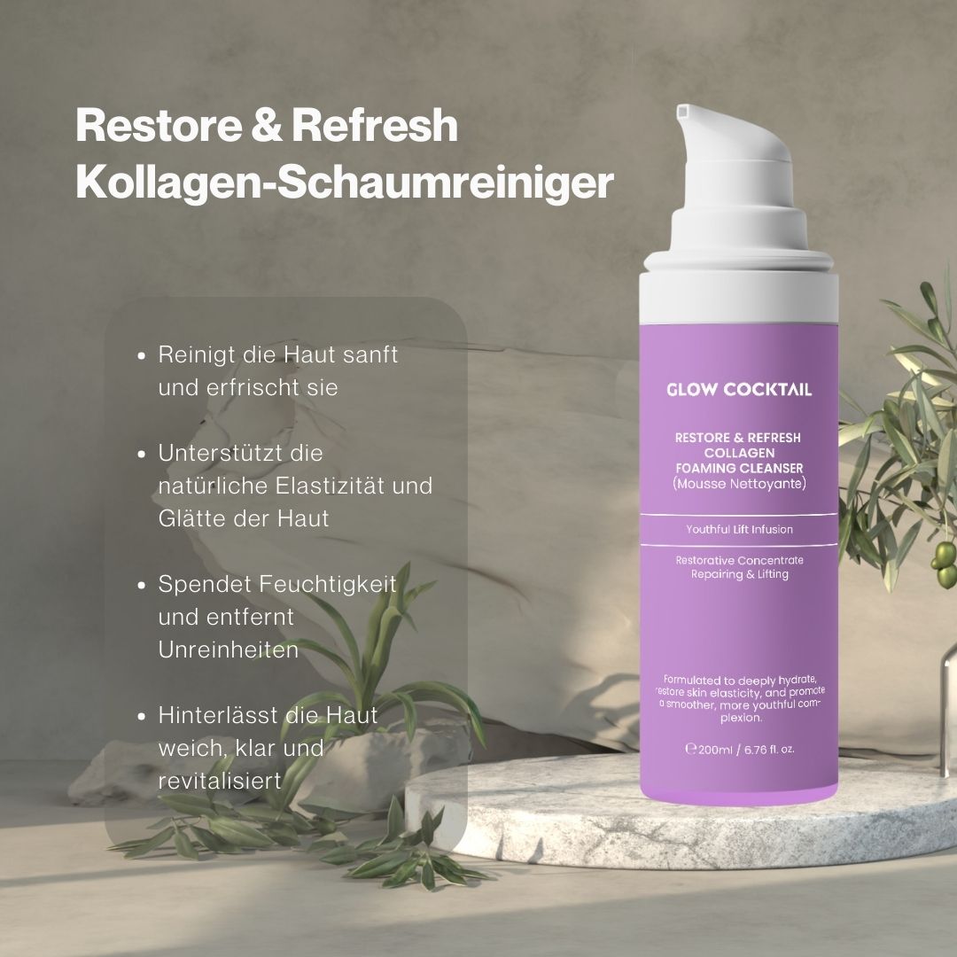 Lila Flasche mit weißem Pumpkopf. Text: Glow Cocktail, Restore & Refresh Collagen Foaming Cleanser. 200ml.
