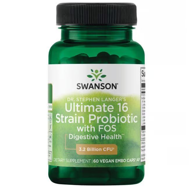 Grüne Flasche mit schwarzen Kapseln. Aufschrift: SWANSON, Ultimate 16 Strain Probiotic, 3.2 Billion CFU. Vegan.