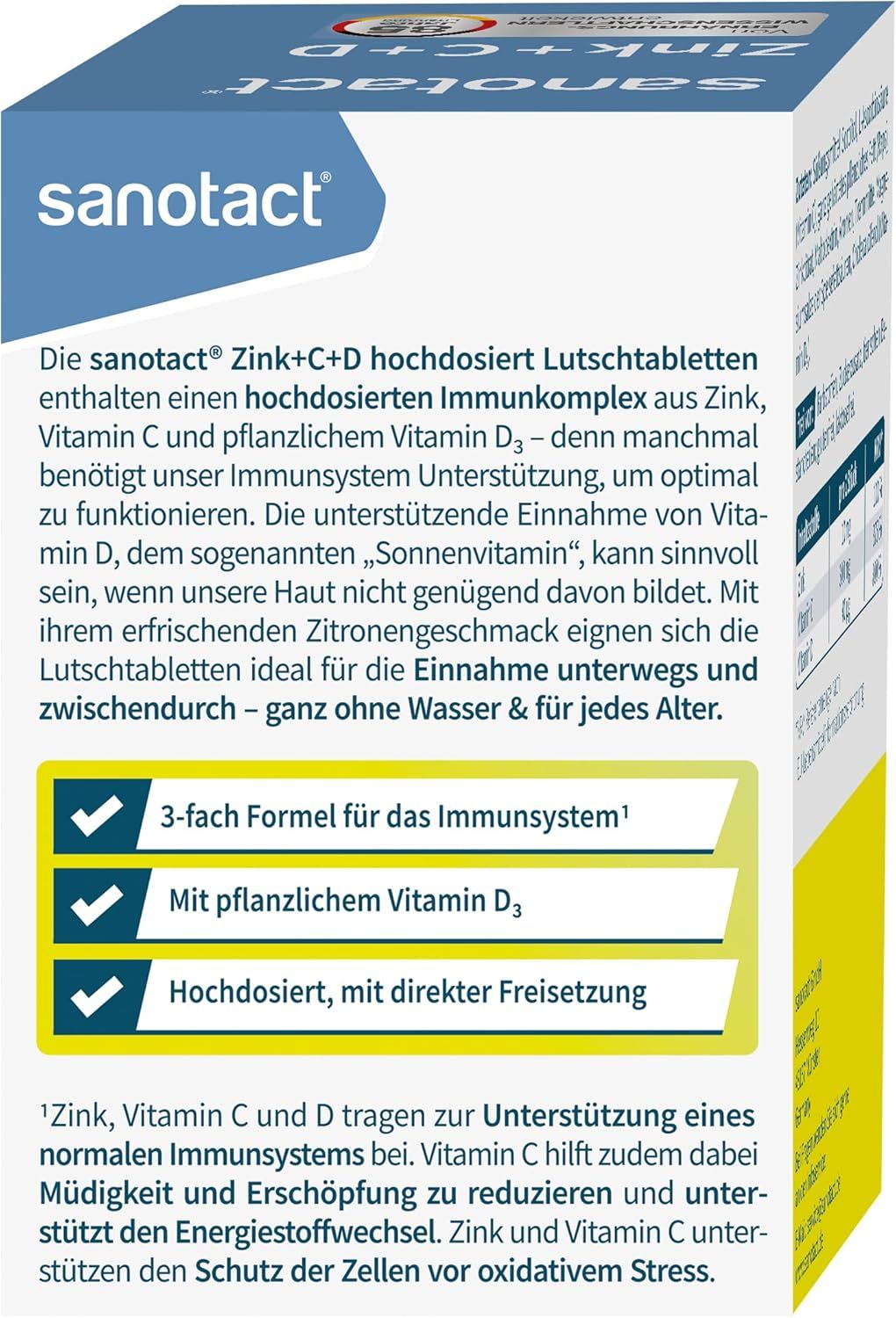 Seite der Zink+C+D hochdosiert Verpackung. Produktbeschreibung, Inhaltsstoffe, und Informationen zur Anwendung. 54 Lutschtabletten.