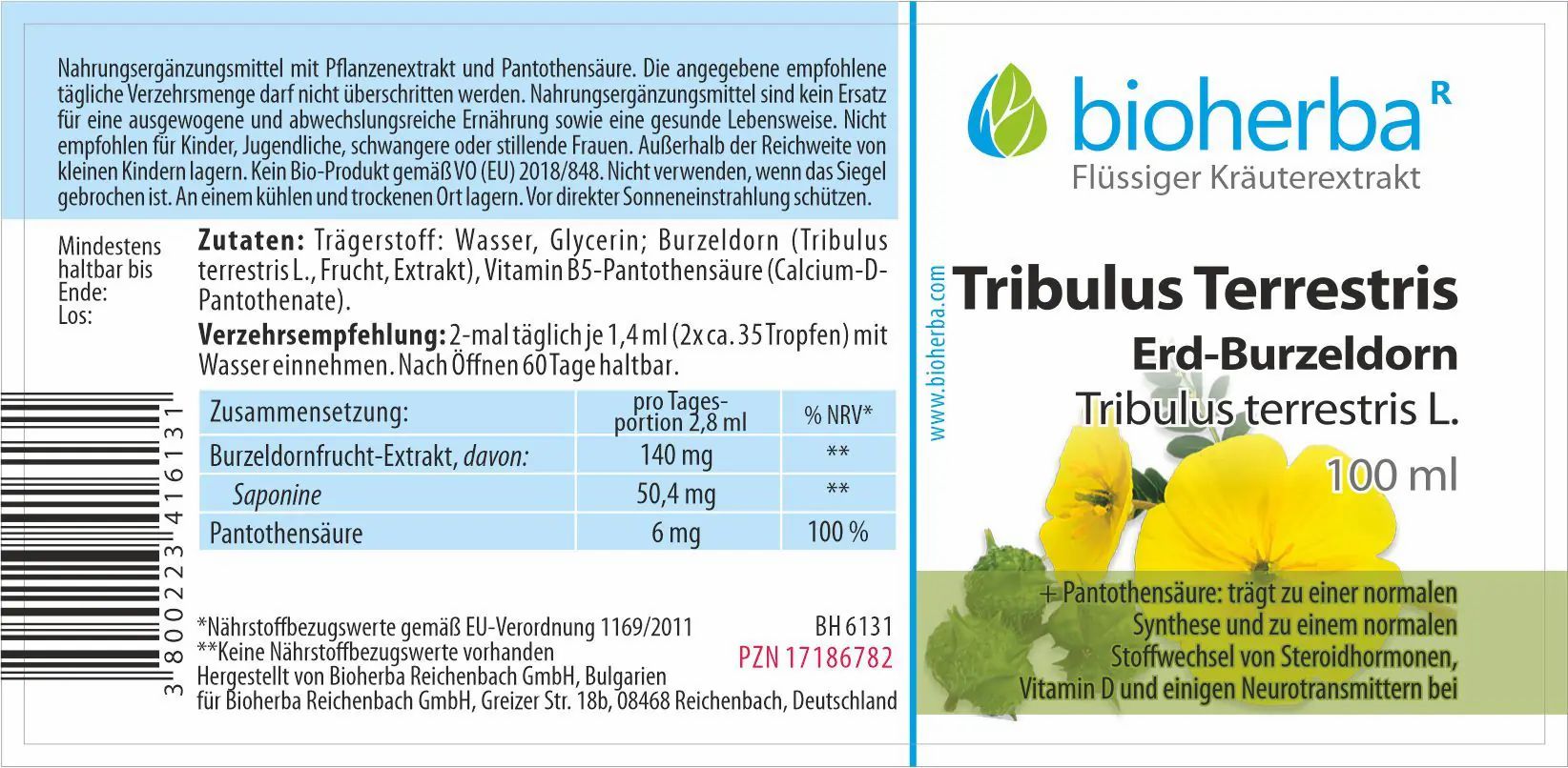 Etikett auf Flasche. Produktname und Logo. Text: "Tribulus Terrestris Erd-Burzeldorn". Enthält Nährwertangaben und Inhaltsstoffe.